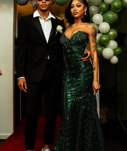 Gorgeous Strapless Dark Green Satin Sequin Beaded Long Prom Dress,Party Dress,Evening Dress GG2330