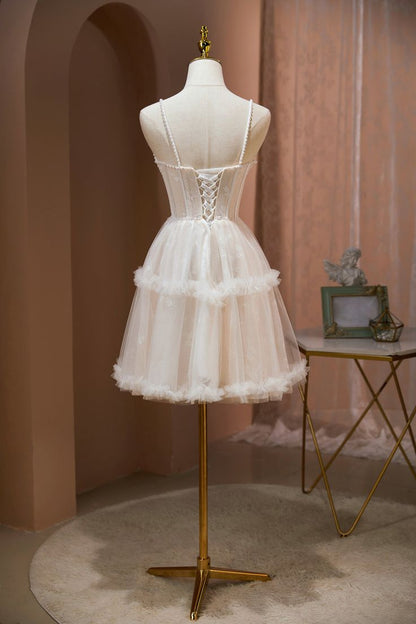 Lovely A Line Spaghetti Straps Tulle Pearl Short Prom Dress,Homecoming Dress,Birthday Dress GG2351