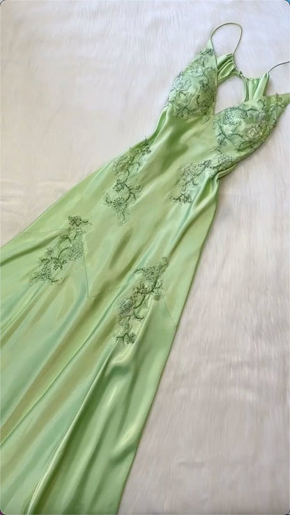 Classy Mermaid V Neck Satin Applique Long Prom Dress,Party Dress,Evening Dress GG2408