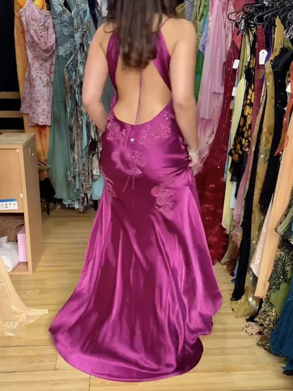 Classy Mermaid V Neck Satin Applique Long Prom Dress,Party Dress,Evening Dress GG2408