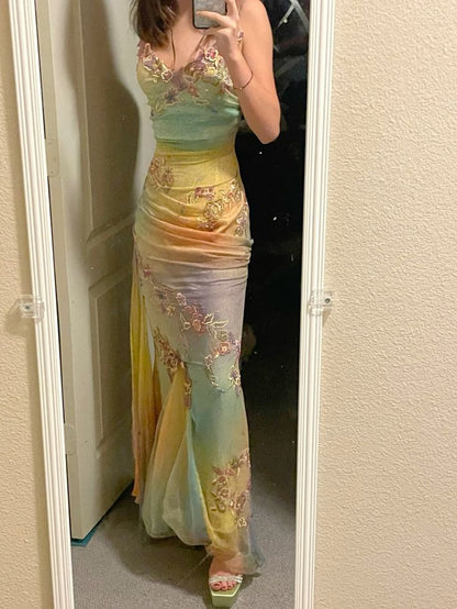 Colorful Gradient Mermaid Spaghetti Straps Chiffon Applique Long Prom Dress,Party Dress,Evening Dress GG2413