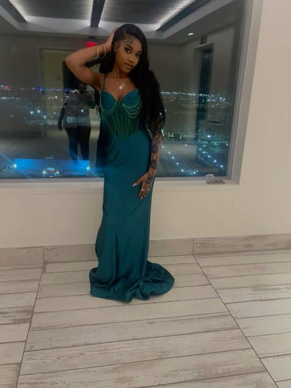 Stunning Mermaid Spaghetti Straps Dark Green Satin Beading Long Prom Dress, Party Dress, Evening Dress GG2525