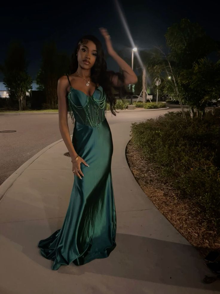 Stunning Mermaid Spaghetti Straps Dark Green Satin Beading Long Prom Dress, Party Dress, Evening Dress GG2525