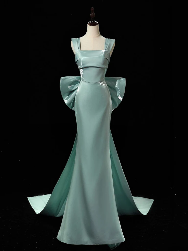 Simple A Line Square Satin With Bow Train Long Prom Gresses,Evening Dresses  GG267