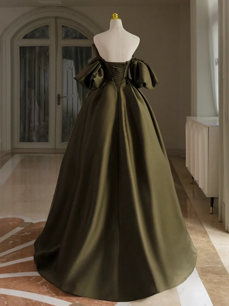 Simple A Line Off The Shoulder Puff Sleeves Olive Green Satin Long Prom Gresses,Evening Dresses  GG268