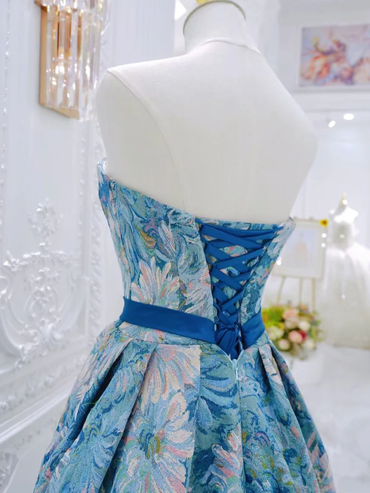 Chic A Line Strapless Blue Satin With Belt Print Floral Long Prom Dress, Evening Dress GG271