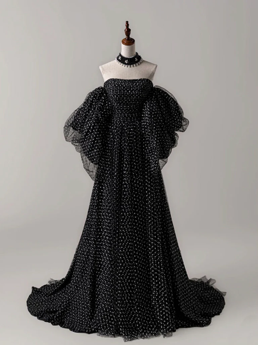 Chic A Line Strapless Off The Shoulder Black Tulle Polka Dots Long Prom Dress, Evening Dress GG275