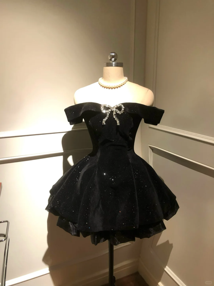 Cute A Line Off The Shoulder Black Satin Beaded Short Prom Dress,Homecoming Dress,Birthday Dress GG2924