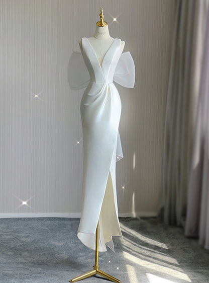 Classy Mermaid V Neck White Satin Slit Back With Bow Long Wedding Dress GG2969