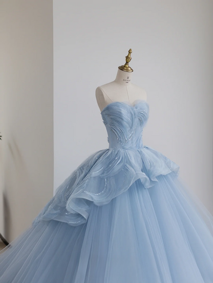 Princess Ball Gown Strapless Sky Blue Tulle Sequin Long Wedding Dress GG2992