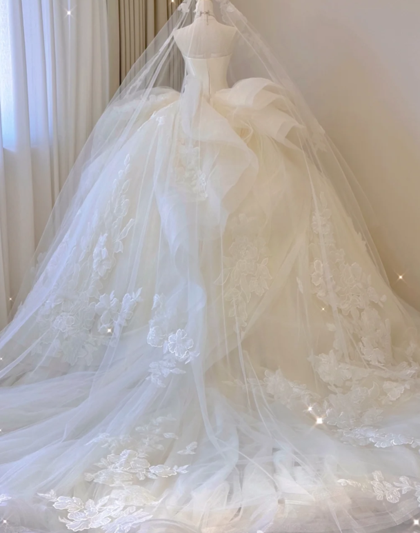Timeless Ball Gown Strapless White Satin Tulle Applique With Wedding Veil Long Wedding Dress GG3000