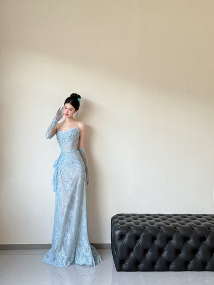 Vintage Mermaid Strapless Pale Blue Lace Long Prom Dress, Party Dress, Evening Dress GG3036