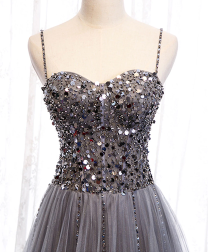 Delicate A Line Spaghetti Straps Sweetheart Gray Tulle Sequin Long Prom Dress,Evening Dress GG311