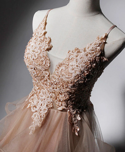 Delicate A Line Spaghetti Straps V Neck Tulle Applique Long Prom Dress,Evening Dress GG313