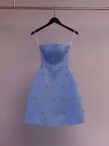 Unique A Line Spaghetti Straps Satin Beaded Short Prom Dress,Homecoming Dress,Birthday Dress GG3228