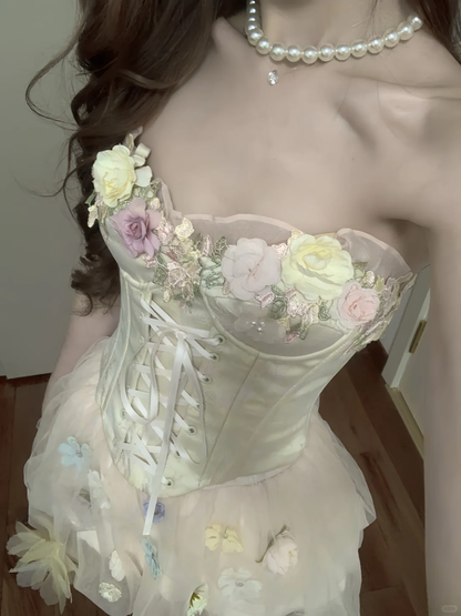 Pretty A Line Strapless Satin Tulle Applique Short Prom Dress,Homecoming Dress,Birthday Dress GG3370