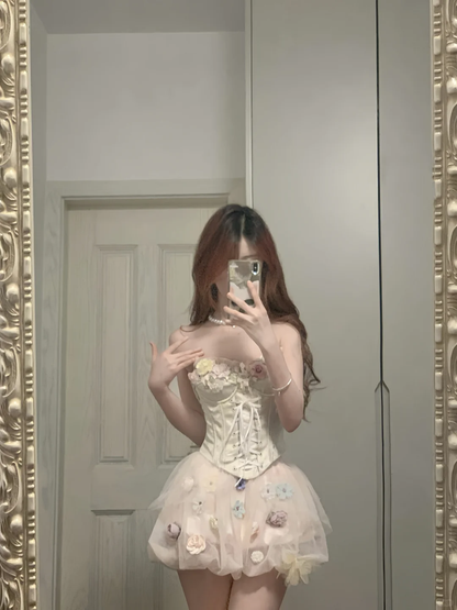 Pretty A Line Strapless Satin Tulle Applique Short Prom Dress,Homecoming Dress,Birthday Dress GG3370