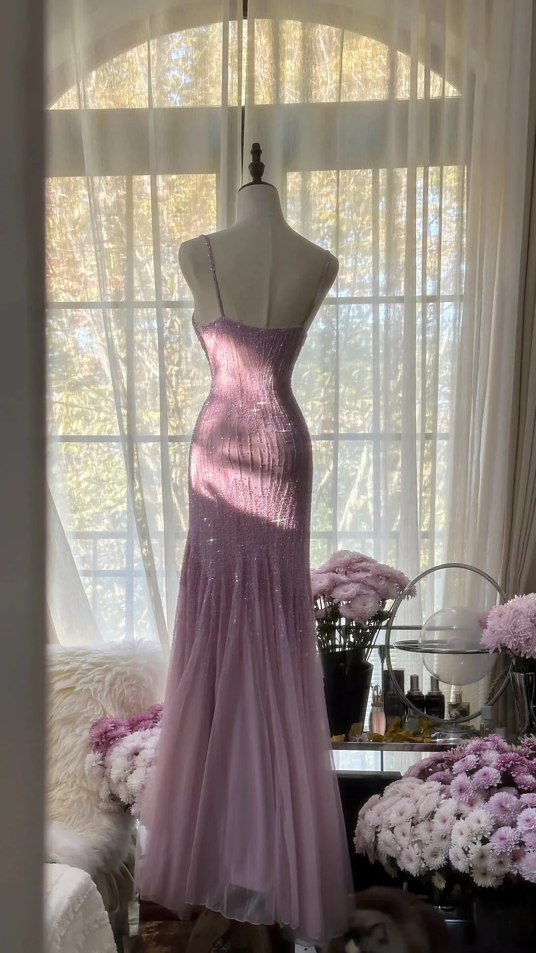 Unique Mermaid Spaghetti Straps Chiffon Beaded Long Prom Dress,Party Dress,Evening Dress GG3404