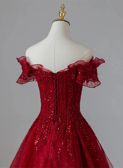 Elegant A Line Off The Shoulder Sweetheart Wine Red Tulle Sequin Long Prom Dress,Evening Dress GG347