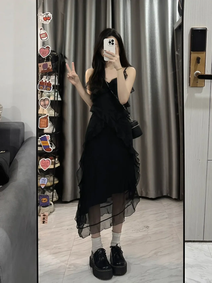 Black A Line Spaghetti Straps Chiffon Ruffles Long Prom Dress,Party Dress,Evening Dress GG3594