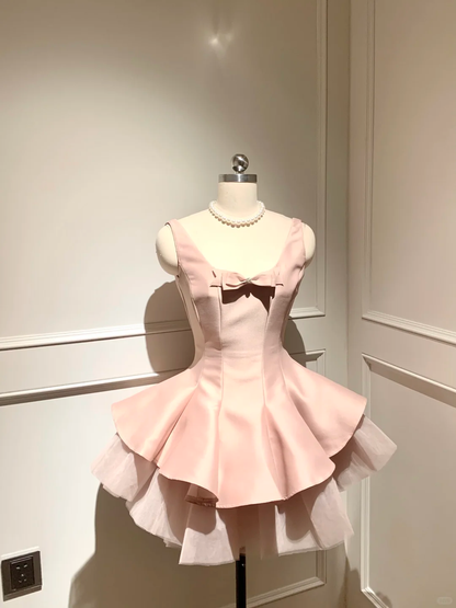 Sweet 16th Pink A Line U Neck Satin Tulle With Bow Short Homecoming Dress,Summer Birthday Dress GG3698