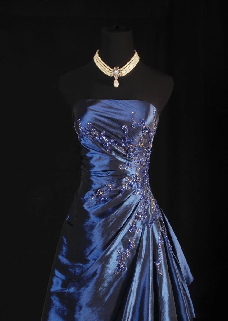 Navy A Line Strapless Satin Pleated Beads Long Prom Dress,Party Dress,Formal Evening Dress GG4136