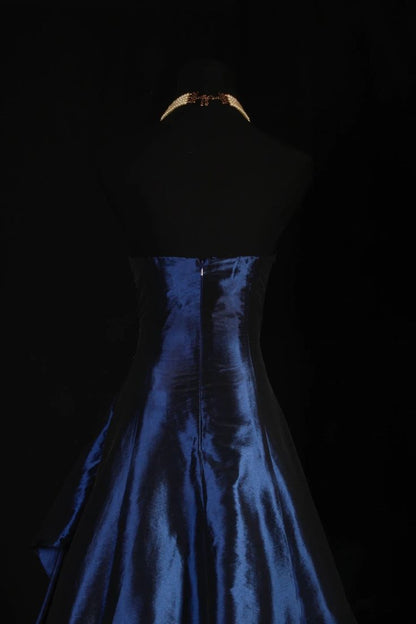 Navy A Line Strapless Satin Pleated Beads Long Prom Dress,Party Dress,Formal Evening Dress GG4136