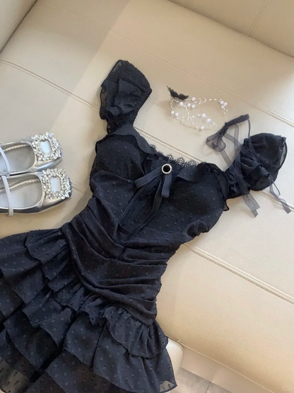 Unique A Line U Neck Black Chiffon Tiered Ruffles Short Homecoming Dress,Summer 17th Birthday Dress GG4278