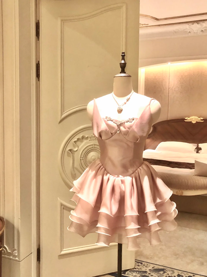 Sweet 16th Ball Gown Spaghetti Straps Tiered Satin Beads Short Homecoming Dress,Summer Birthday Dress GG4569