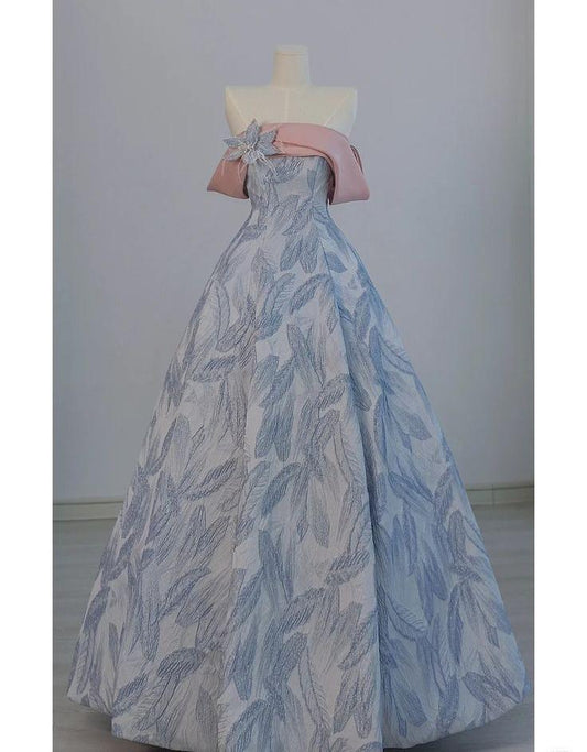 Chic A Line Off The Shoulder Light Blue Satin Printed Pattern Long Prom Dress, Evening Dress GG471