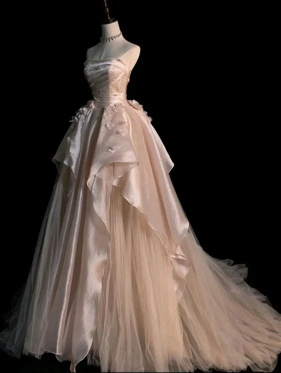 Pink Gorgeous Elegant Exquisite Beading A-Line Off Shoulder Long Tulle Ball Gown Evening Gown Wedding Dress gh3415