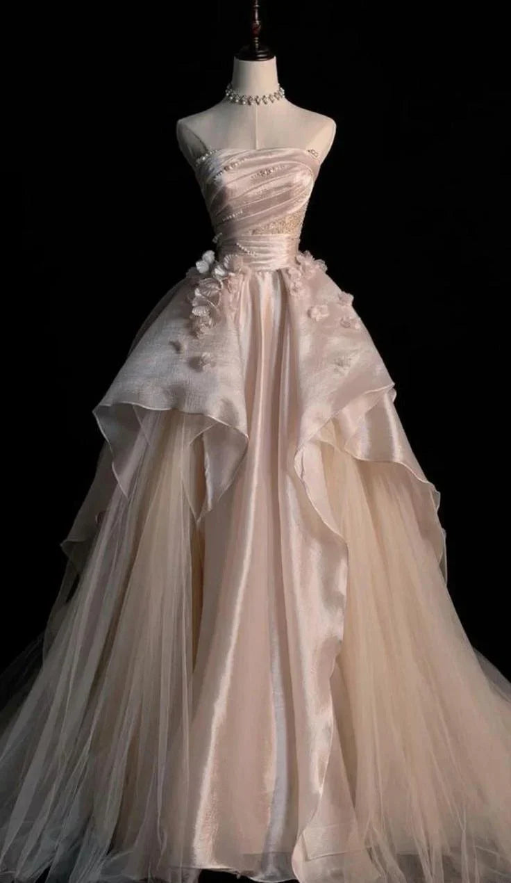 Pink Gorgeous Elegant Exquisite Beading A-Line Off Shoulder Long Tulle Ball Gown Evening Gown Wedding Dress gh3415