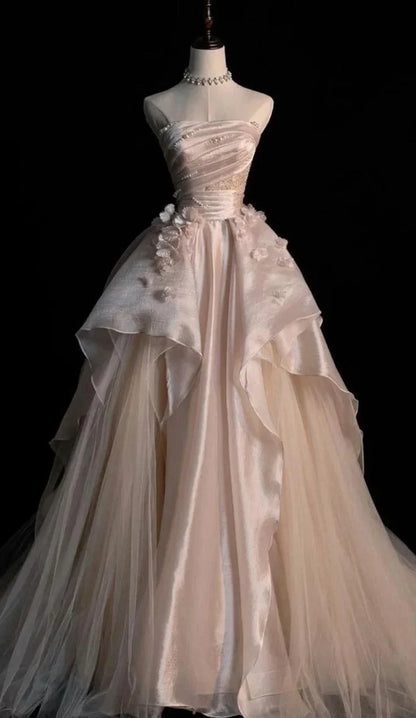 Pink Gorgeous Elegant Exquisite Beading A-Line Off Shoulder Long Tulle Ball Gown Evening Gown Wedding Dress gh3415