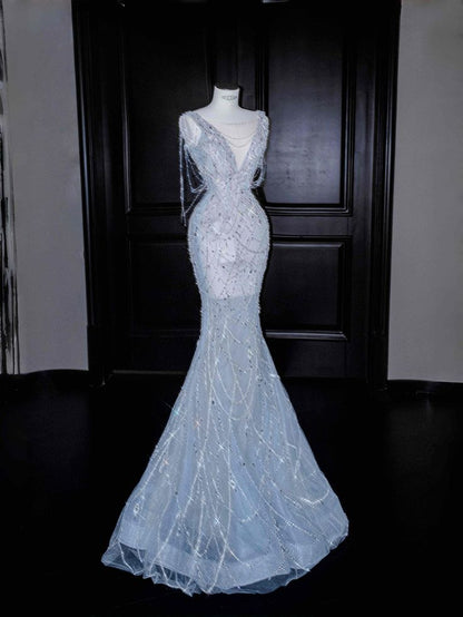 Pretty Mermaid V Neck Tulle Sequin Beads Long Prom Dress,Party Dress,Formal Evening Dress GG4953