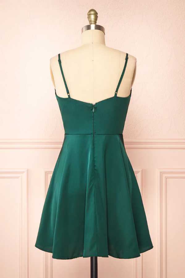 Simple Style A Line Spaghetti Straps Dark Green Satin Short Homecoming Dress,Vacation Dress,Summer 17th Birthday Dress GG5028