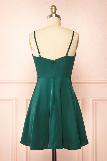 Simple Style A Line Spaghetti Straps Dark Green Satin Short Homecoming Dress,Vacation Dress,Summer 17th Birthday Dress GG5028