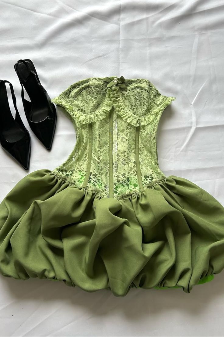 Green A Line Strapless Satin Lace Short Homecoming Dress,Vacation Dress,18th Birthday Dress GG5039