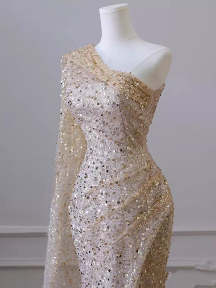 Sexy Mermaid One Shoulder Champagne Sequin Slit Long Prom Dress ,Evening Dress GG513