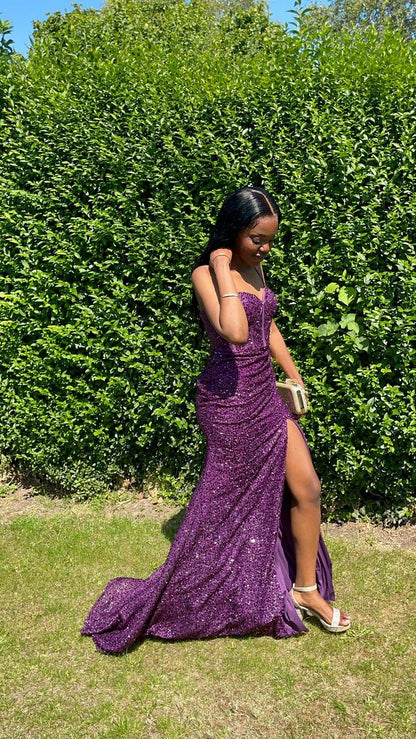 Classy Mermaid Spaghetti Straps Purple Sequin Satin Slit Long Prom Dress,Evening Dress GG5189