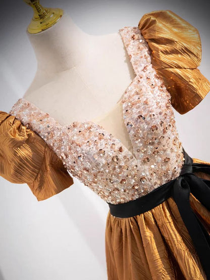 Bling Ball Gown V Neck Sequins Satin Puff Sleeve Long Prom Dress,Evening Dress GG528