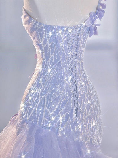 Pretty Lilac Mermaid One Shoulder Tulle Sequin Without Sleeves Long Prom Dress,Evening Dress GG5351