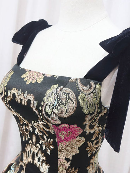 Retro A Line Square Satin Printed Long Prom Dress,Evening Dress GG536
