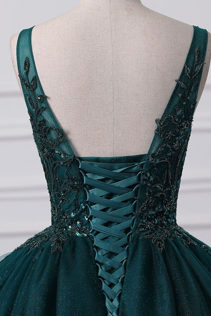 Ball Gown V Neck Tulle Sequin Lace Without Sleeves Long Prom Dress,Evening Dress GG5407