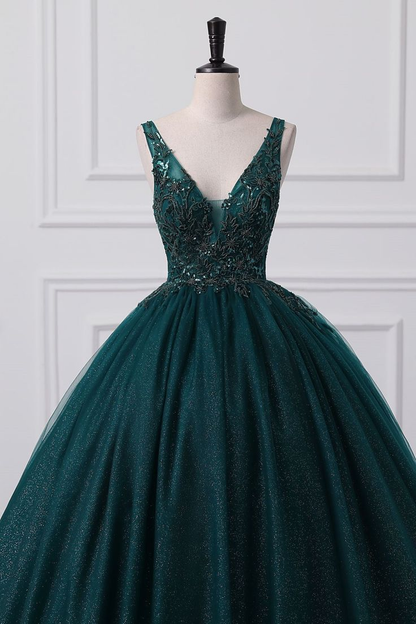 Ball Gown V Neck Tulle Sequin Lace Without Sleeves Long Prom Dress,Evening Dress GG5407