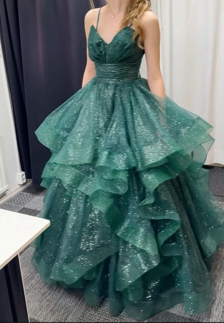 Shiny Ball Gown Spaghetti Straps Dark Green Tulle Sequin Without Sleeves Long Prom Dress,Evening Dress GG5456