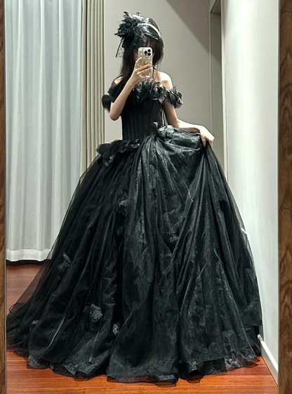 Chic Black Ball Gown Sweetheart Satin Tulle Without Sleeves Long Prom Dress,Evening Dress GG5489