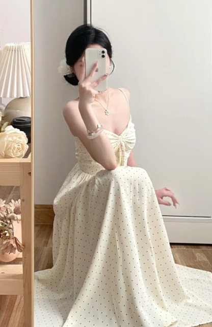 Pretty Cute A Line Spaghetti Straps Satin Polka Dots Without Sleeves Long Prom Dress,Evening Dress GG5590