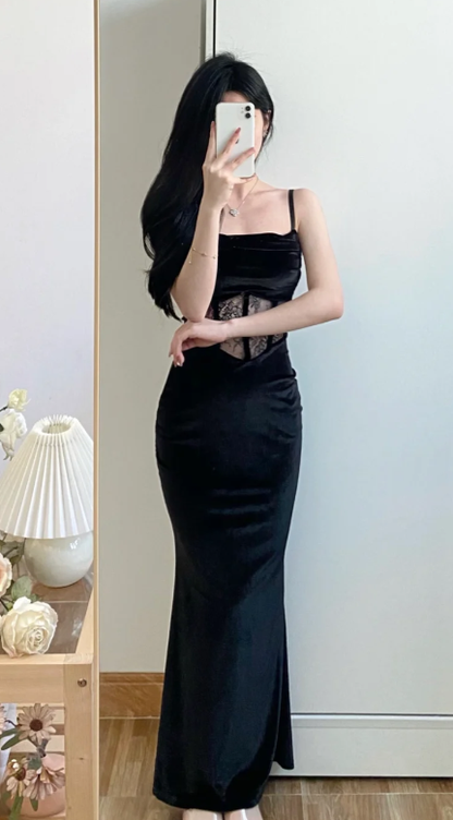 Sexy Mermaid Spaghetti Straps Black Velvet Lace Without Sleeves Long Prom Dress,Evening Dress GG5592
