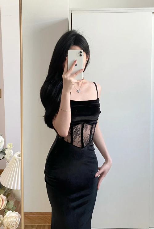 Sexy Mermaid Spaghetti Straps Black Velvet Lace Without Sleeves Long Prom Dress,Evening Dress GG5592