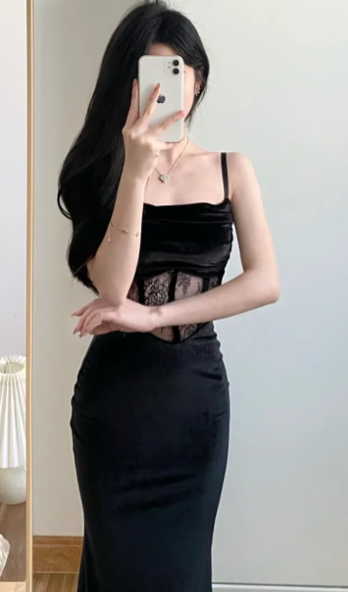 Sexy Mermaid Spaghetti Straps Black Velvet Lace Without Sleeves Long Prom Dress,Evening Dress GG5592